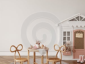 Wall mockup in the children`s room interior. Nursery Interior. Boho scandinavian eco style. 3d rendering, 3d illustration