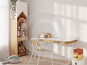 Wall mockup in the children`s room interior. Nursery Interior. Boho scandinavian eco style. 3d rendering, 3d illustration