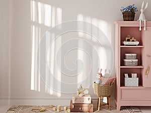 Wall mockup in the children`s room interior. Nursery Interior. Boho scandinavian eco style. 3d rendering, 3d illustration