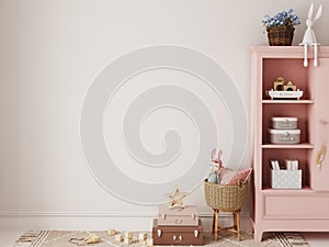 Wall mockup in the children`s room interior. Nursery Interior. Boho scandinavian eco style. 3d rendering, 3d illustration