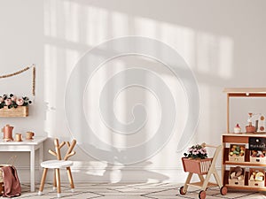 Wall mockup in the children`s room interior. Nursery Interior. Boho scandinavian eco style. 3d rendering, 3d illustration