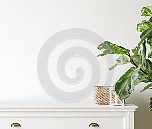 Wall mockup close up in Coastal living room interior with commode, plant and decor