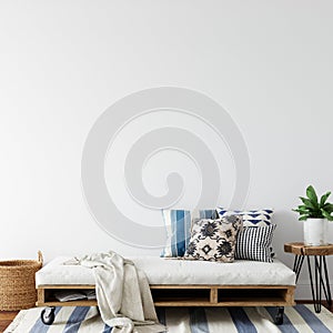 Wall mockup. Coastal Scandinavian interior style. 3d rendering, 3d illustration