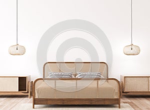 Wall mockup in farmhouse bedroom, rattan bed on white scandi background