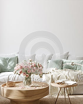Wall mockup in interior background, room in light pastel colors, Scandi style