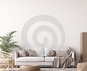 Wall mockup in living room design, White sofa in Scandinavian interior photo