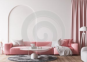 Wall mockup in modern bright living room design, pink ad white furniture on minimal background, copy space