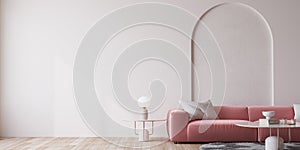 Wall mockup in modern bright living room design, pink ad white furniture on minimal background, copy space, 3d render