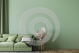 Wall mockup in modern living room design, minimal furniture with wooden home accessories on green background