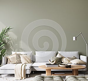wall mockup in modern living room design, minimal white sofa on green interior background