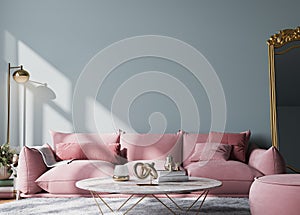 Wall mockup in modern living room design, pink sofa and white flower vase and gold home accessories on empty interior background