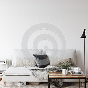 Wall mockup in scandinavian interior. Interior wall mockup. Wall art. 3d rendering, 3d illustration