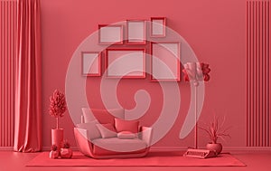 Wall mockup with six frames in solid flat  pastel dark red, maroon color, monochrome interior modern living room with furnitures