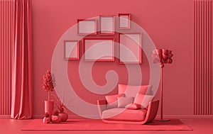 Wall mockup with six frames in solid flat  pastel dark red, maroon color, monochrome interior modern living room with furnitures