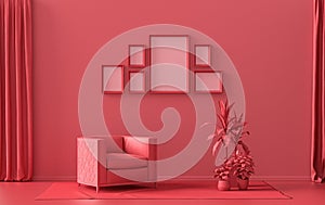 Wall mockup with six frames in solid flat  pastel dark red, maroon color, monochrome interior modern living room with single chair