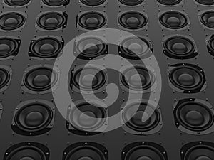 Wall of modern sub woofer bass music speakers