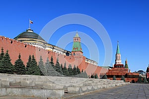 The wall of the Moscow Kremlin and the Mausoleum of Vladimir Lenin on Red Square