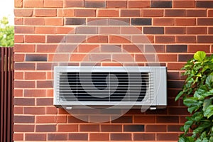 Wall mounted air conditioner is pictured on brick wall. This versatile image can be used to showcase cooling systems, en