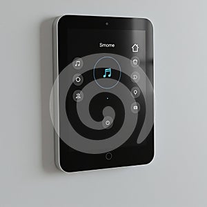A wall-mounted smart home control panel with a sleek, rectangular design and rounded edges