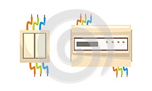 Wall Mounted Switch and Device with Conductor Cable as Electric Power Object Vector Set
