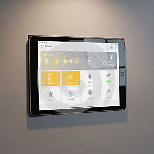 Wall mounted tablet displaying a smart home control interface