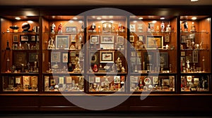 A wall-mounted trophy case featuring numerous accolades, statuettes, and plaques