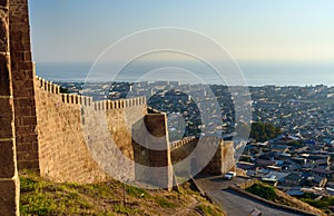 Wall of Naryn-Kala fortress and view of Derbent city.