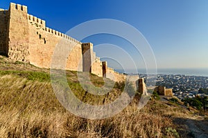 Wall of Naryn-Kala fortress and view of Derbent city.