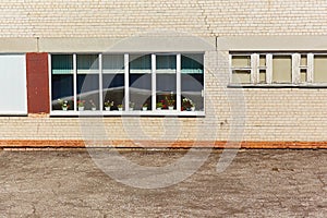 The wall of the old brick building, with a window with wooden frames, on the windowsill is blooming geranium