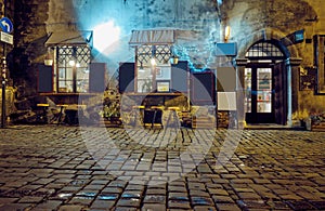 Wall of an old building at night in Krakow