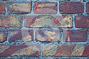 A wall of old, damaged red brick. Scratches and cracks. The background and texture of an antique retro brick