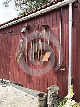 A wall of old farm equipment, Norway