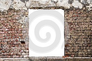 wall of old red brick with a hole. isolated on white background. grunge frame.