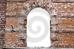 Wall of old red brick with a hole. isolated on white background. grunge frame. horizontal frame