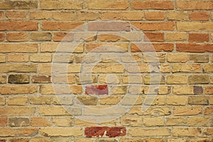 Wall of old sand clay bricks. Ruined vintage stone background. Rough aged masonry backdrop. Surface of grunge brick