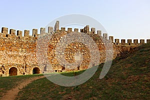 Wall of an old stone castle. Castle of Belver in Portugal.