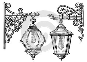 Wall old street lamp in engraving style. Vintage lantern sketch illustration