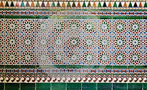 Wall with Ottoman style glazed ceramic tiles decorated with floral ornamentations manufactured in Iznik