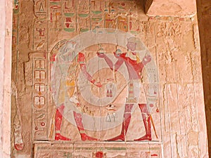Wall paint of pharaoh offering a gift to god horus