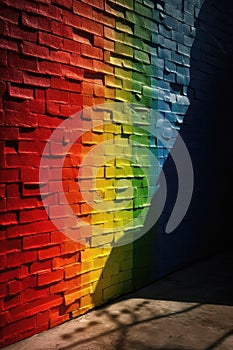 Wall painted rainbow colors on backstreet at lantern light AI generative image