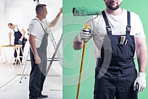 Wall painter in dungarees holding a paint roller on a neo mint g photo