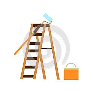 wall painting brush bucket and ladder tools on white