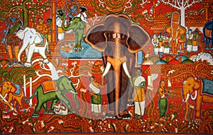 Wall painting with elephants in typical traditional kerala style