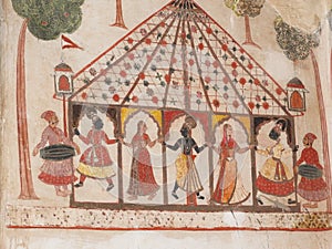 Wall paintings of Orchha Fort and Palace, Madhya Pradesh, India