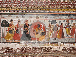 Wall paintings of Orchha Fort and Palace, Madhya Pradesh, India