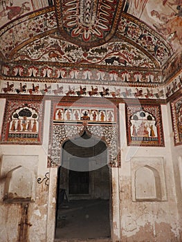 Wall paintings of Orchha Fort and Palace, Madhya Pradesh, India