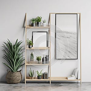 Wall with picture shelf and plants generated with AI. Blank picture for mockup. Generated with AI
