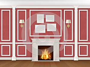 Wall with pilasters, fireplace, sconces