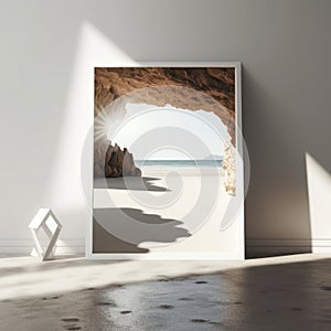 Wall poster mockup sun-drenched beach and a crystal cave, AI generation