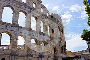 Wall of the Pula Arena, the only remaining Roman amphitheatre entirely preserved, in Pula, Croatia